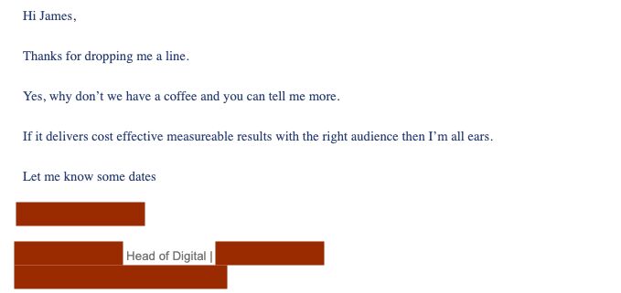 The reply to James Hacking's cold email agreeing to meet for a coffee