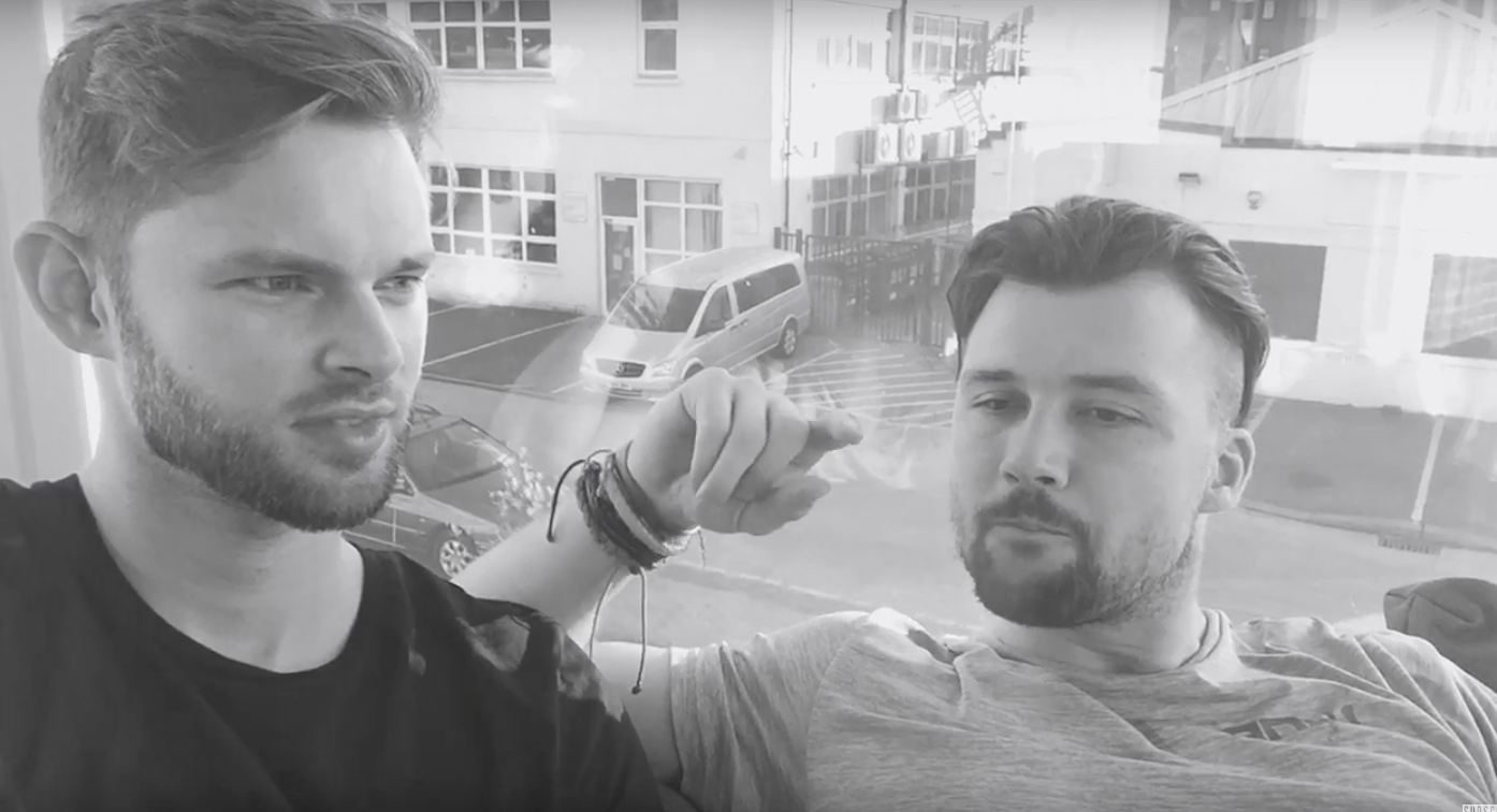 Black and white photo of James Hacking with his co-founder Tassilo in the early days of Socially Powerful